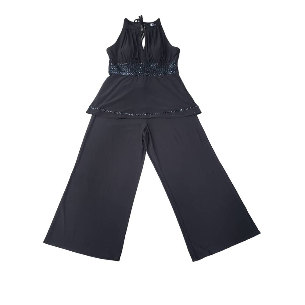 R&M Richards Black Sequin Sleeveless Blouse Shirt & Stretchy Pant Set | Size 14P